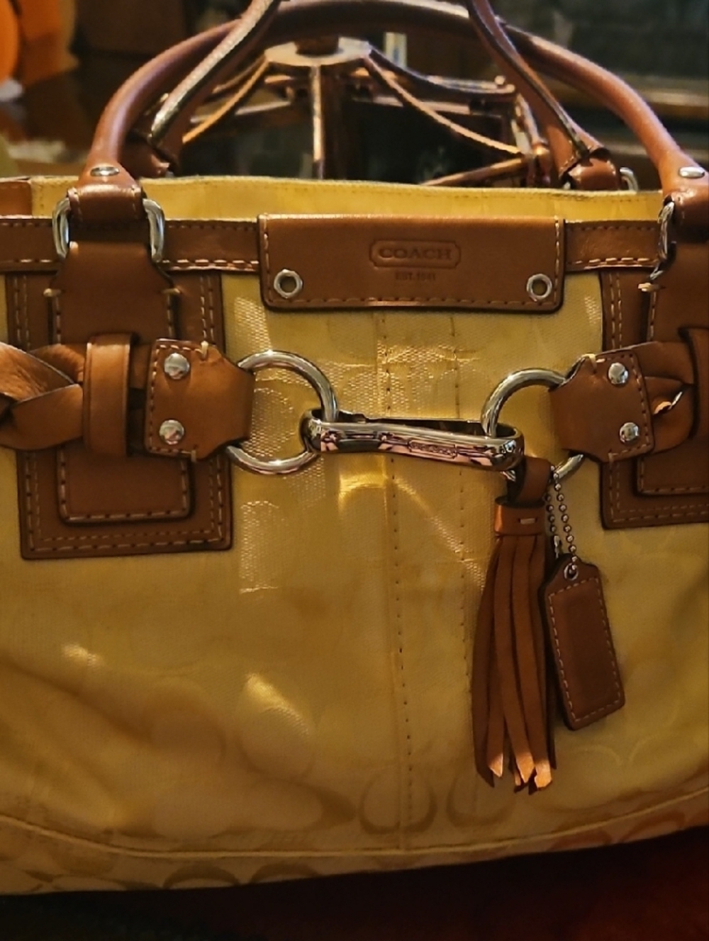 Coach Yellow Canvas Tote with Tan Leather Trim and Silver Hardware